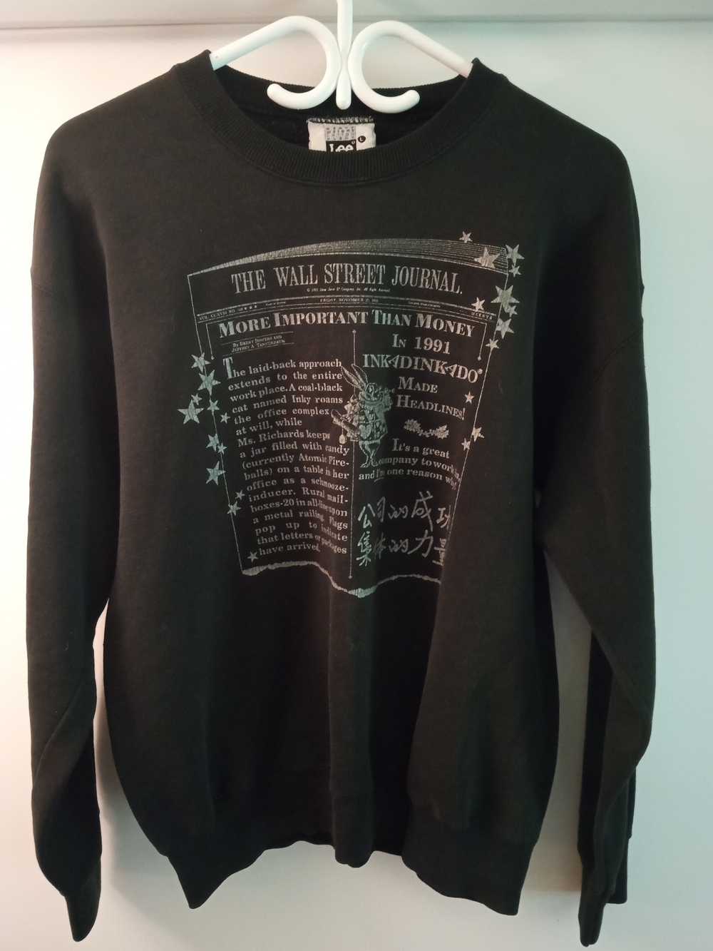 Vintage Lee Black Crewneck Sweatshirt With Wall Street Journal Newspaper Graphic